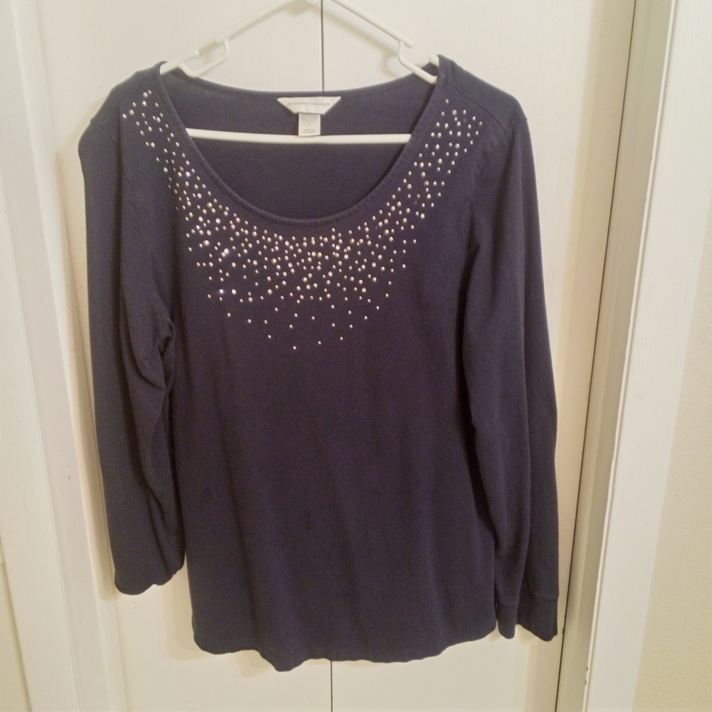 Christopher & Banks Gray Embellished Long Sleeve Blouse